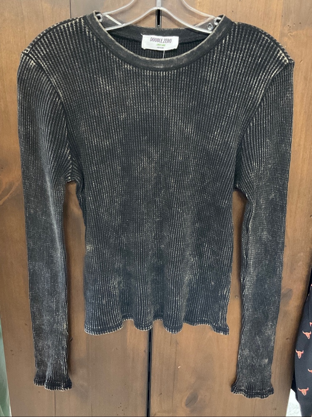 Double Zero Distressed Black Waffle Knit Long Sleeve Top